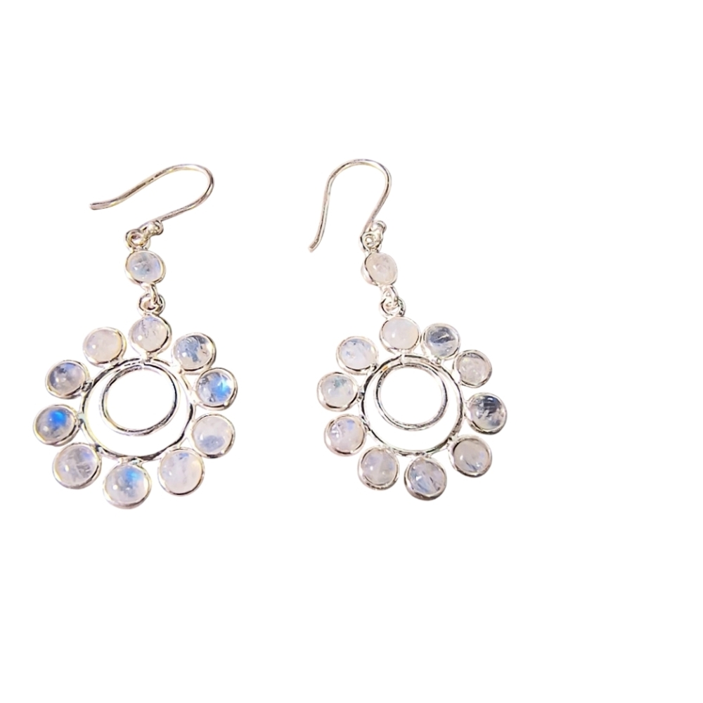 Rainbow Moonstone And Sterling Silver Artisan Flower Earrings - Picture 6 of 8